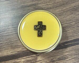 Pill Box Gold Brass Tone with Cross Round Metal Hinged Travel Case with Divider